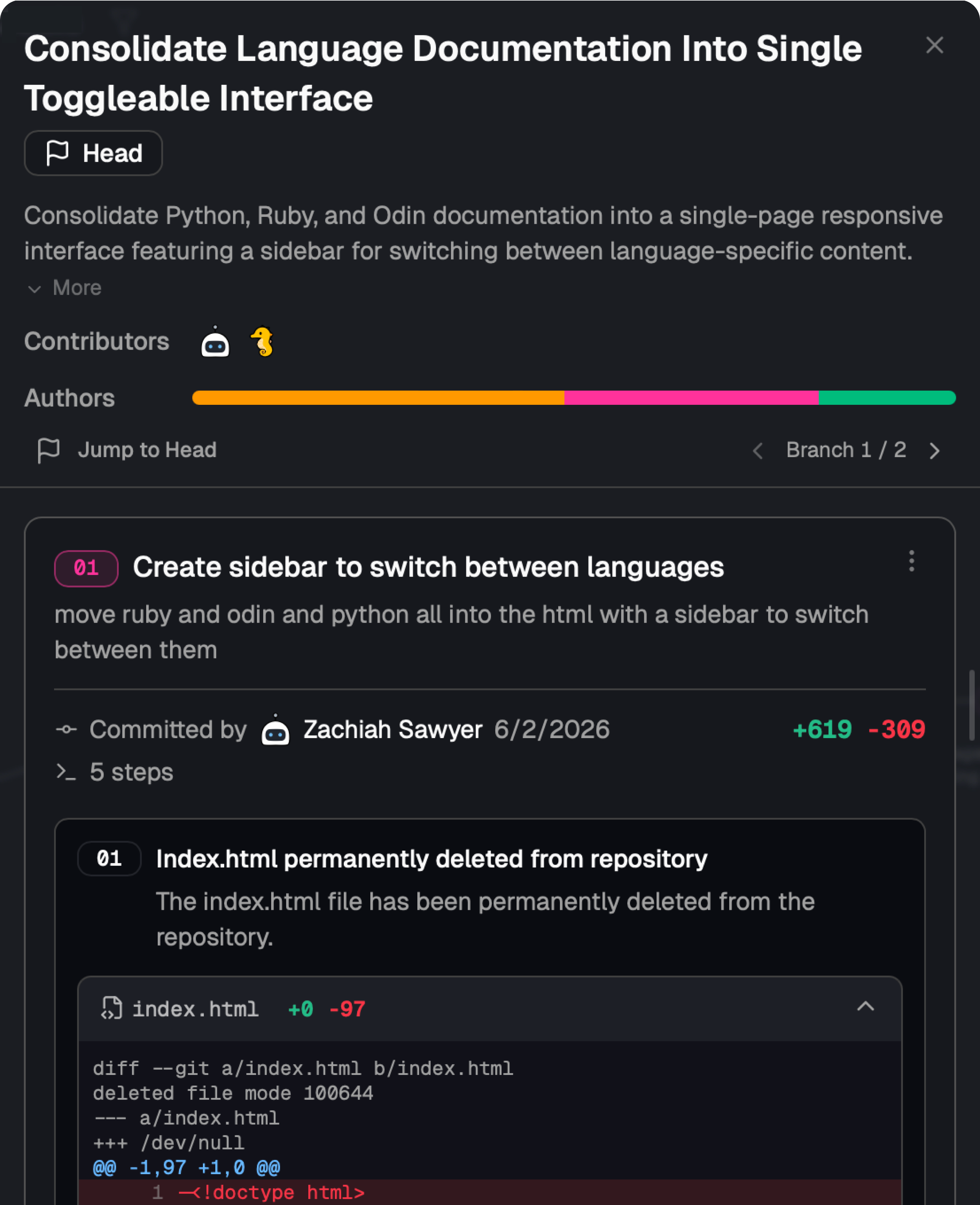 Audit trail view showing prompt attribution, commits, and code changes.
