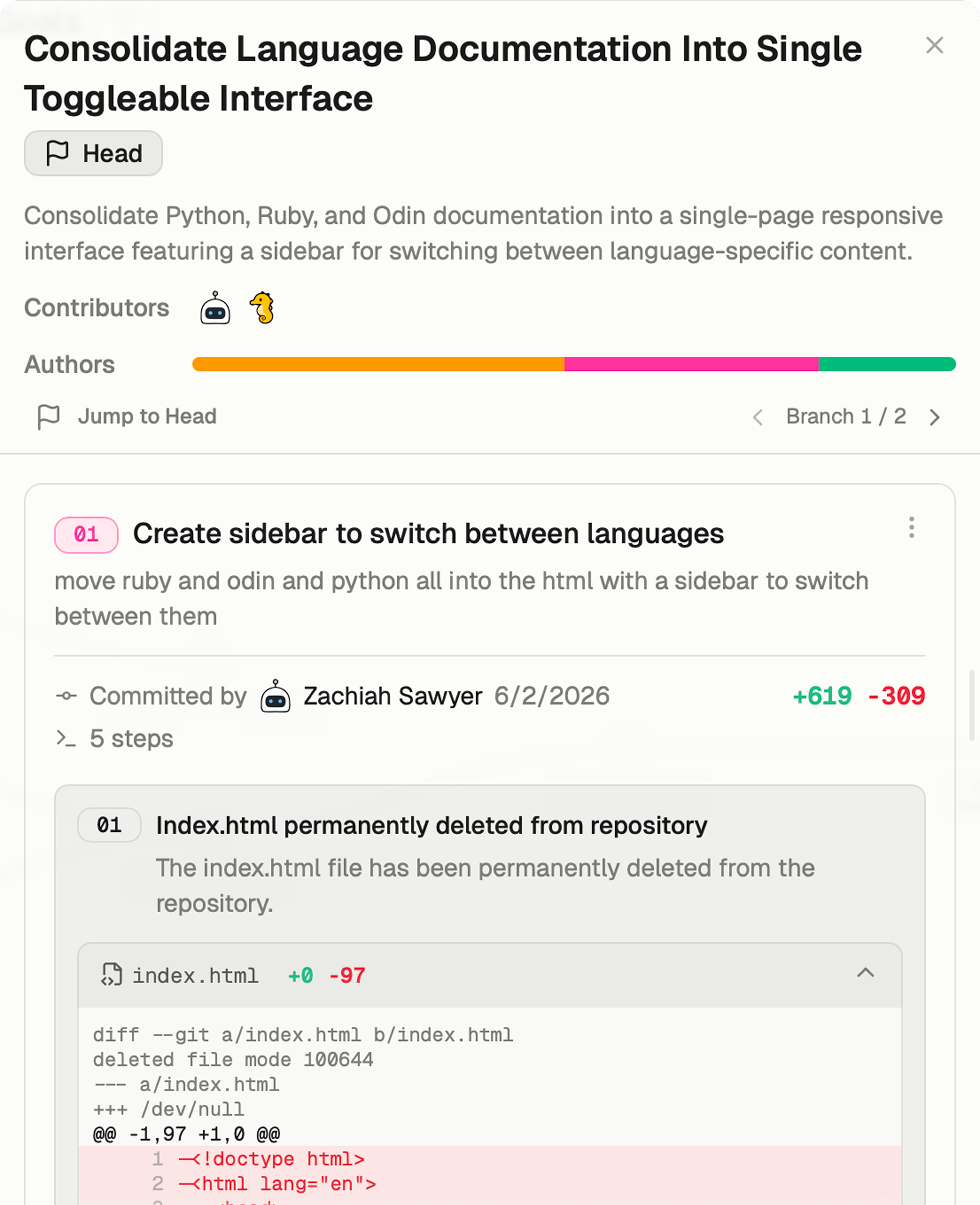Audit trail view showing prompt attribution, commits, and code changes.