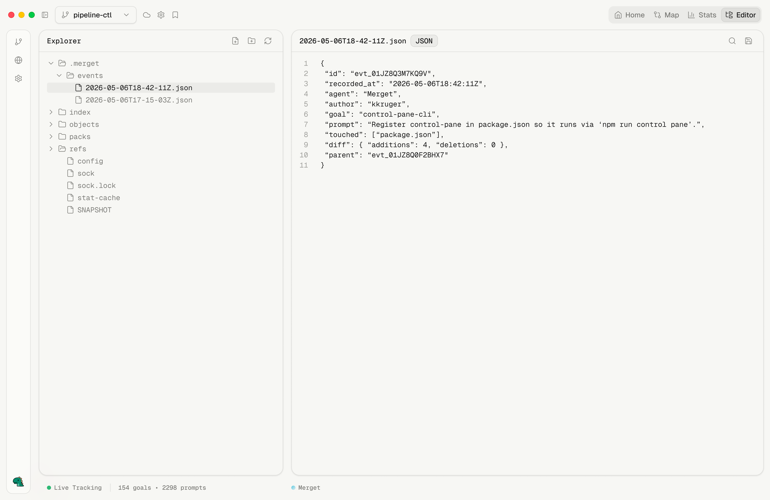 Merget editor view with prompt history and code context.