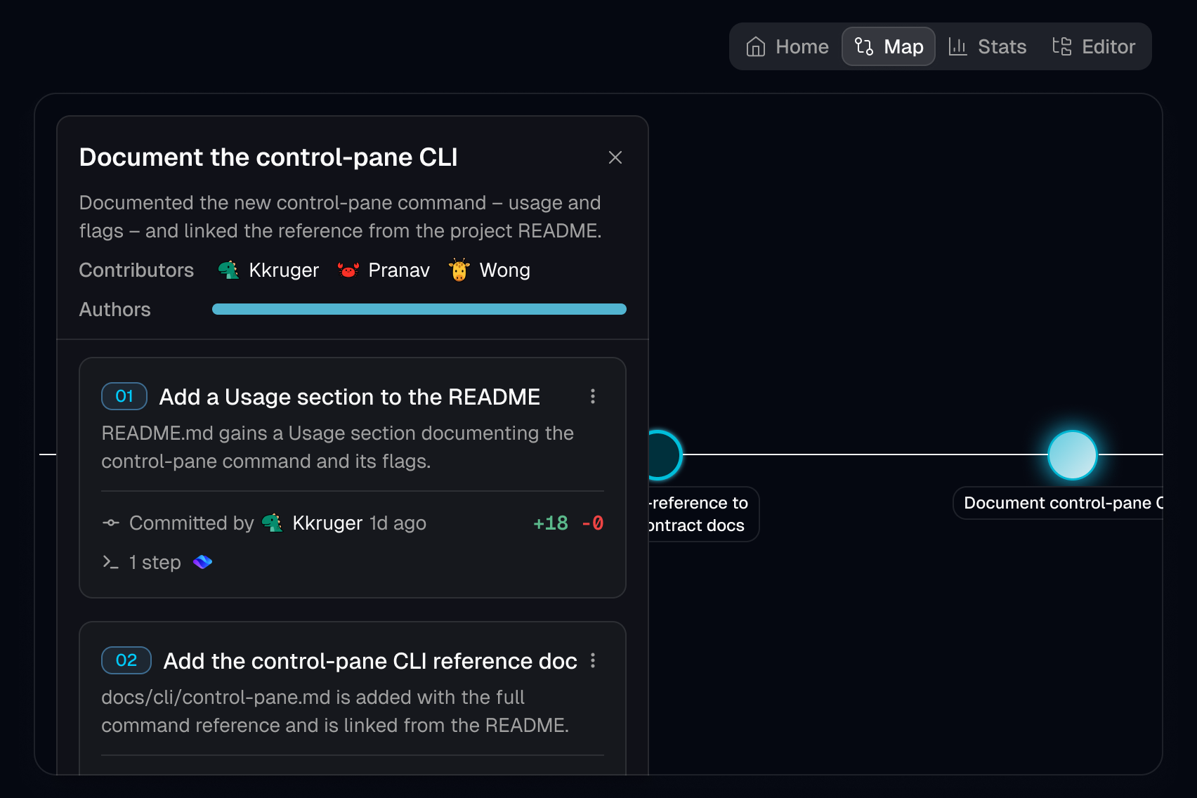 Merget goal map connecting prompts, code changes, and team activity.