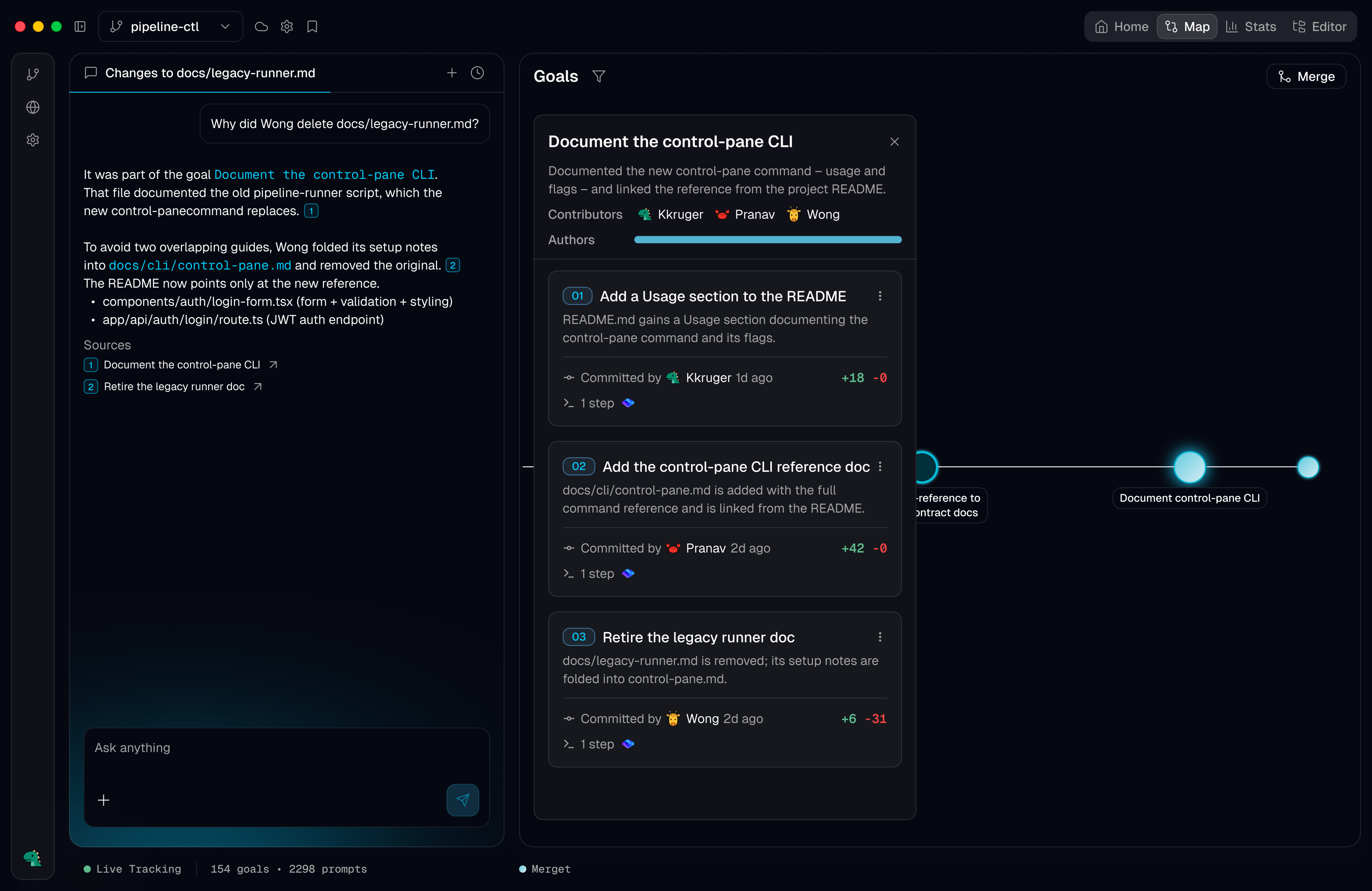 Merget goal map connecting prompts, code changes, and team activity.