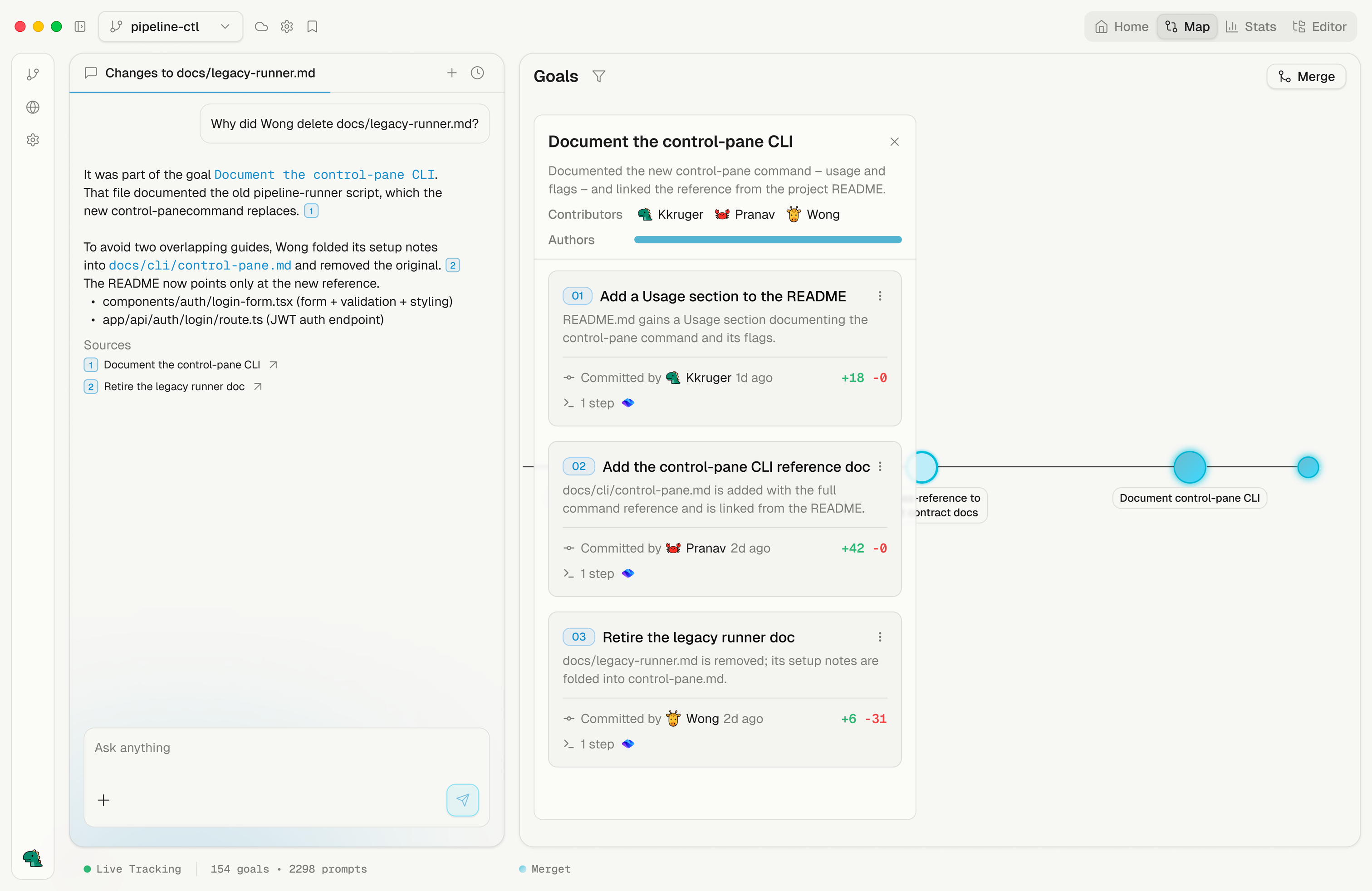 Merget goal map connecting prompts, code changes, and team activity.