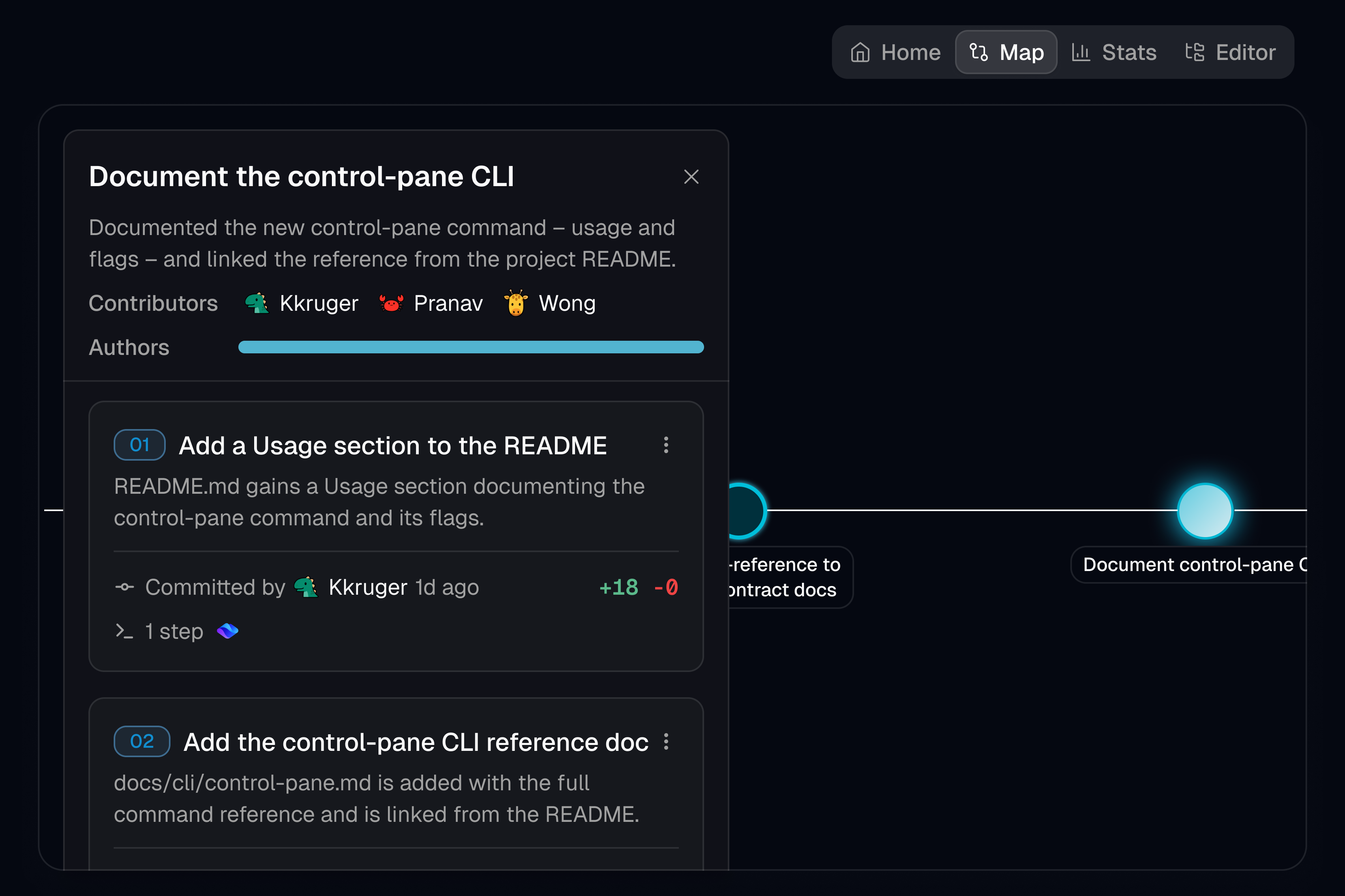 Merget goal map showing commits connected along a timeline