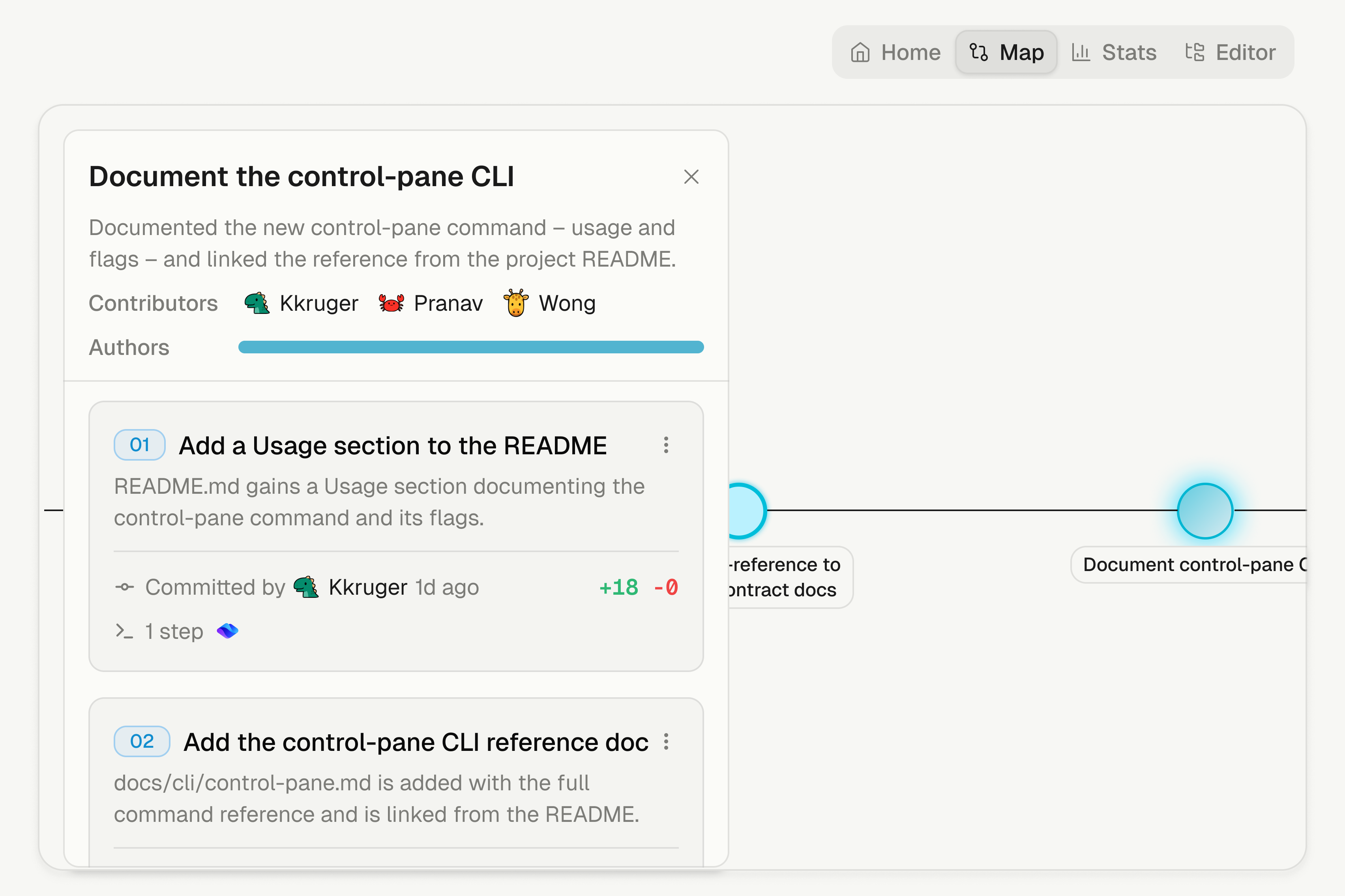 Merget goal map showing commits connected along a timeline