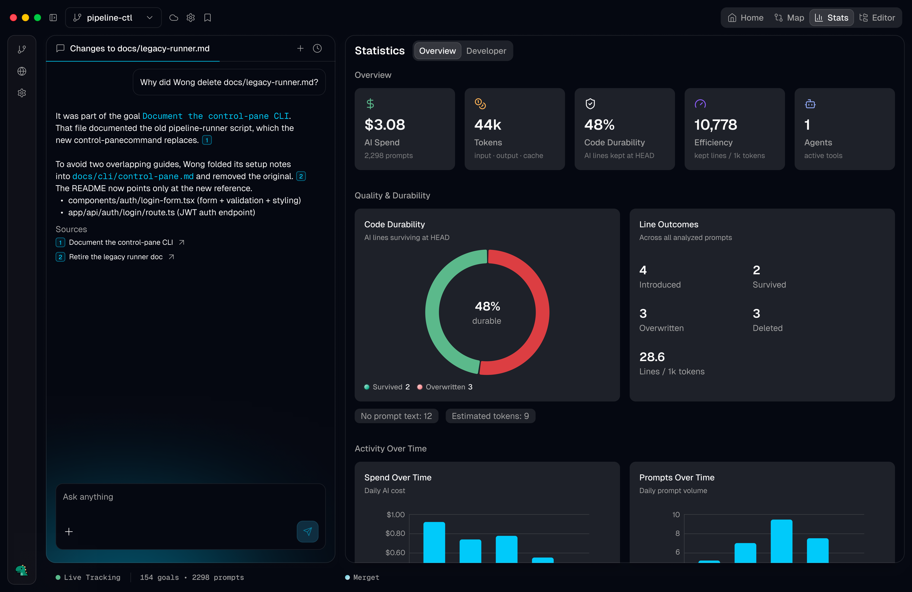 Merget stats dashboard with usage, model, and code durability metrics.