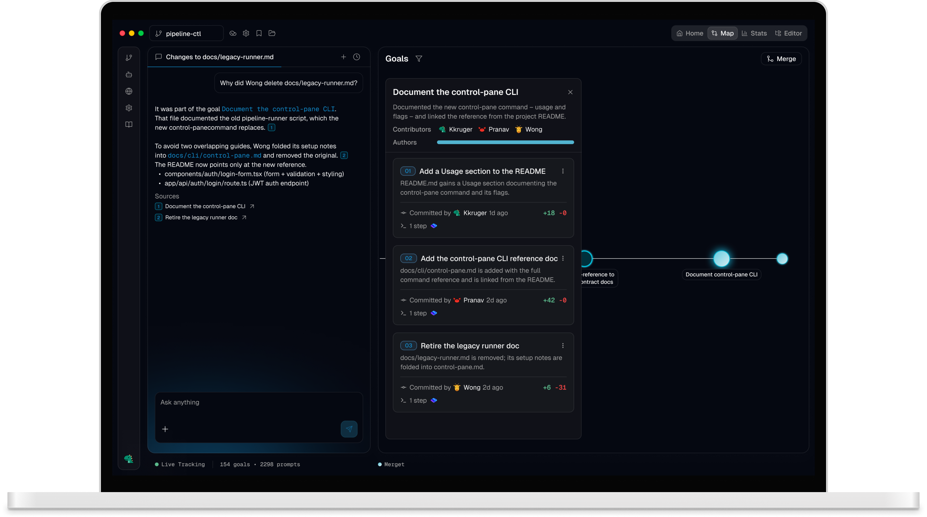 Merget goal map showing agent activity connected to code changes